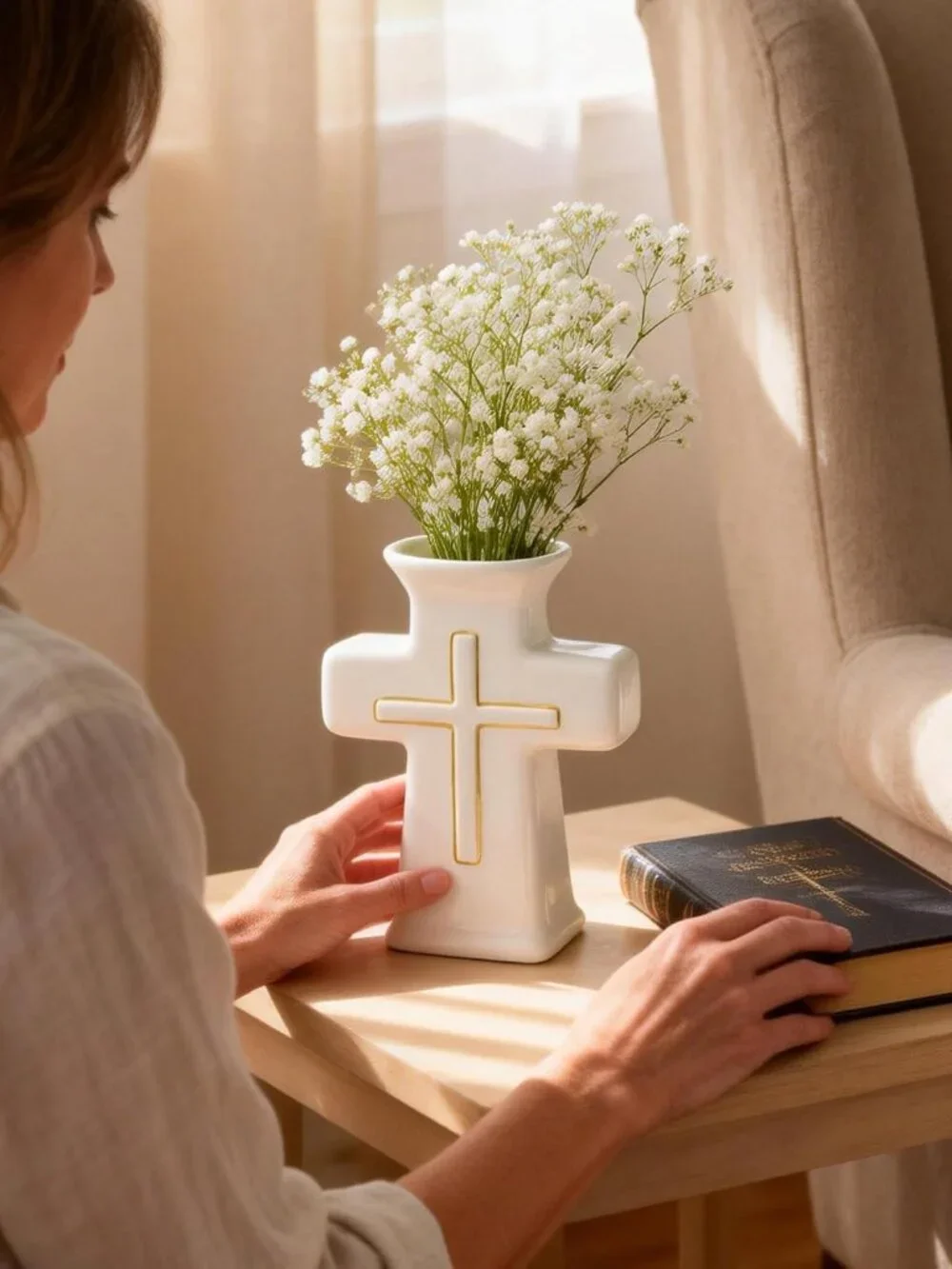 White Ceramic Cross Vase for Home Decor NEW
